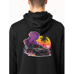 Black hoodie with unique "Audi Style Palm Beach" graphic from Wroom Shop