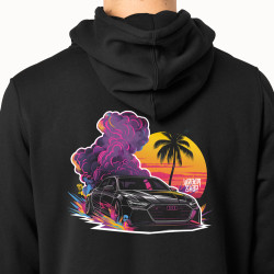 Black hoodie with unique "Audi Style Palm Beach" graphic from Wroom Shop