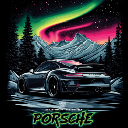 Black hoodie with unique "Aurora Porsche" graphic from Wroom Shop