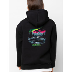 Black hoodie with unique "Aurora Porsche" graphic from Wroom Shop
