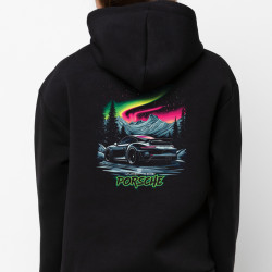 Black hoodie with unique "Aurora Porsche" graphic from Wroom Shop