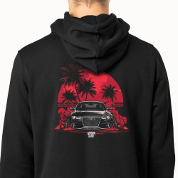 Black hoodie with unique "Blood Sun Audi Style" graphic from Wroom Shop