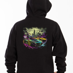 Black hoodie with unique "Color Flow Gotham City" graphic from Wroom Shop
