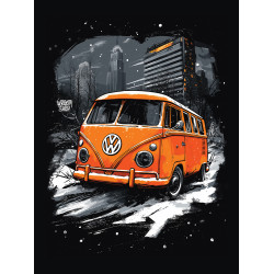 Black T-shirt with a unique "VW Orange Snow" graphic from Wroom Shop