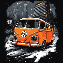 Black hoodie with unique "VW Orange Snow" graphic from Wroom Shop