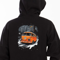 Black hoodie with unique "VW Orange Snow" graphic from Wroom Shop