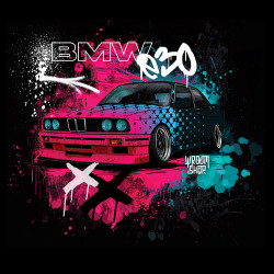 Black T-shirt with a unique "BMW e30" graphic from Wroom Shop