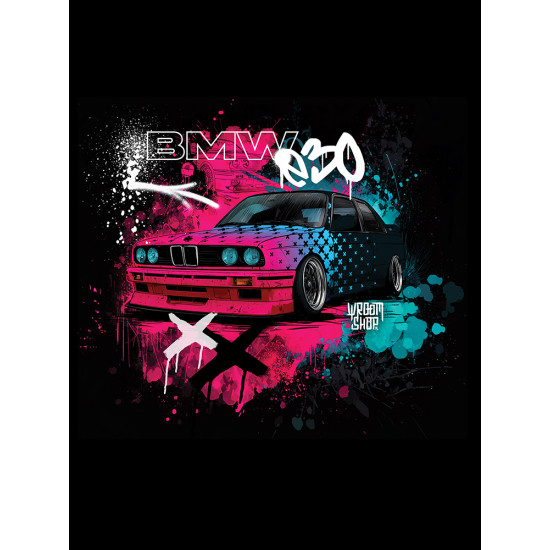 Black T-shirt with a unique "BMW e30" graphic from Wroom Shop
