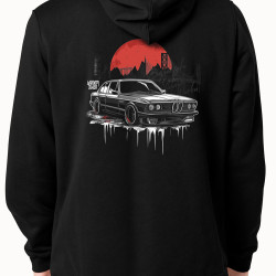 Black hoodie with unique "BMW Style Bridge" graphic from Wroom Shop