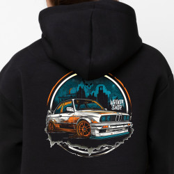Black hoodie with unique "BMW Style Sin City" graphic from Wroom Shop