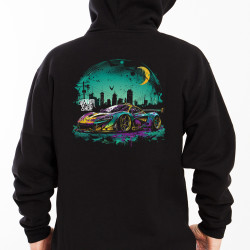 Black hoodie with unique "Color Flow Gotham City 2" graphic from Wroom Shop