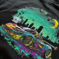 Black T-shirt with a unique "Color Flow Gotham City 2" graphic from Wroom Shop