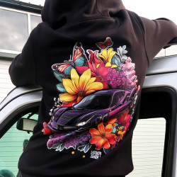 Black hoodie with unique "Colorful Flowers Ferrari Style" graphic from Wroom Shop