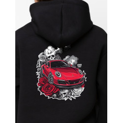 Black hoodie with unique "Red Roses Porsche Style" graphic from Wroom Shop