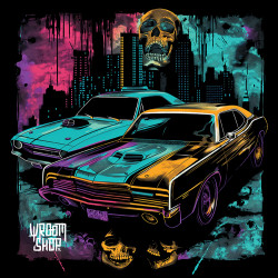 Black T-shirt with a unique "Retro Downtown" graphic from Wroom Shop