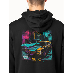 Black hoodie with unique "Retro Downtown" graphic from Wroom Shop