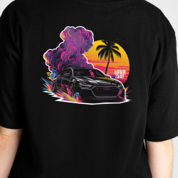 Black T-shirt with a unique "Audi Style Palm Beach" graphic from Wroom Shop