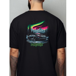 Black T-shirt with a unique "Aurora Porsche" graphic from Wroom Shop