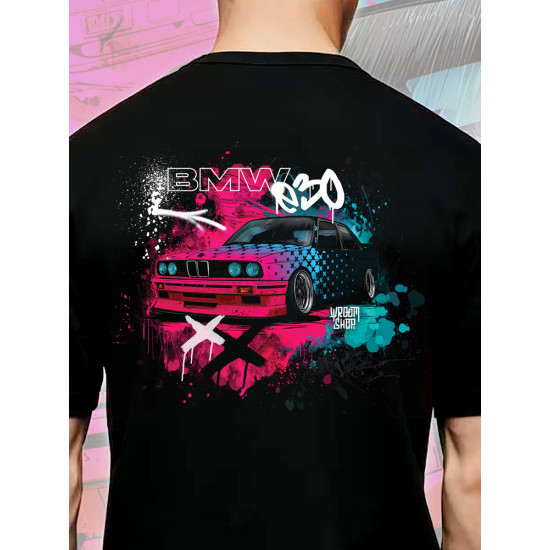 Black T-shirt with a unique "BMW e30" graphic from Wroom Shop