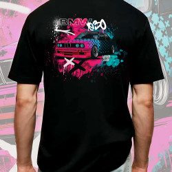 Black T-shirt with a unique "BMW e30" graphic from Wroom Shop