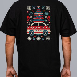 Black T-shirt with a unique "Christmas Sweater" graphic from Wroom Shop