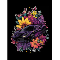 Black T-shirt with a unique "Colorful Flowers Ferrari Style" graphic from Wroom Shop