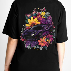 Black T-shirt with a unique "Colorful Flowers Ferrari Style" graphic from Wroom Shop