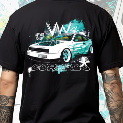 Black T-shirt with a unique "VW Corrado" graphic from Wroom Shop