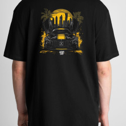 Black T-shirt with a unique "Dubai Mercedes Style" graphic from Wroom Shop