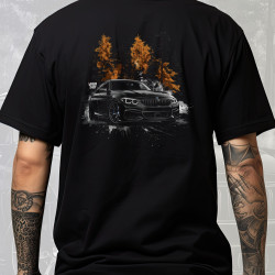 Black T-shirt with a unique "Gold Forest BMW Style" graphic from Wroom Shop