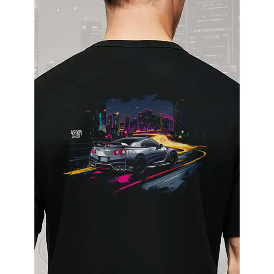 Black T-shirt with a unique "Night Life Nissan Style" graphic from Wroom Shop Black T-shirt with a unique "Night Life Nissan Style" graphic from Wroom Shop