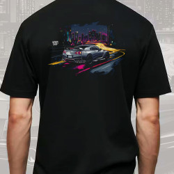 Black T-shirt with a unique "Night Life Nissan Style" graphic from Wroom Shop