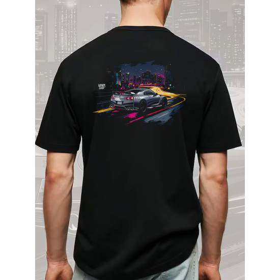 Black T-shirt with a unique "Night Life Nissan Style" graphic from Wroom Shop Black T-shirt with a unique "Night Life Nissan Style" graphic from Wroom Shop