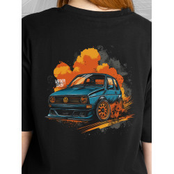 Black T-shirt with a unique "Orange Power VW Style" graphic from Wroom Shop