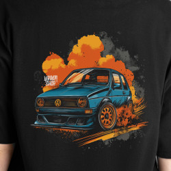 Black T-shirt with a unique "Orange Power VW Style" graphic from Wroom Shop