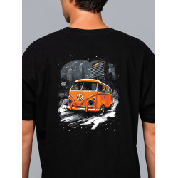 Black T-shirt with a unique "VW Orange Snow" graphic from Wroom Shop