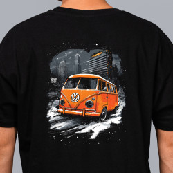 Black T-shirt with a unique "VW Orange Snow" graphic from Wroom Shop