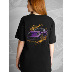 Black T-shirt with a unique "Purple Ferrari Style" graphic from Wroom Shop