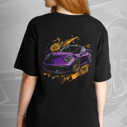 Black T-shirt with a unique "Purple Ferrari Style" graphic from Wroom Shop