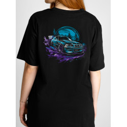 Black T-shirt with a unique "Purple Forest Drift Style" graphic from Wroom Shop