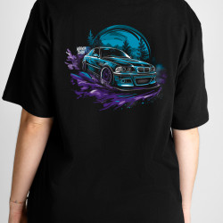 Black T-shirt with a unique "Purple Forest Drift Style" graphic from Wroom Shop