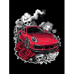 Black hoodie with unique "Red Roses Porsche Style" graphic from Wroom Shop