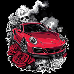 Black T-shirt with a unique "Red Roses Porsche Style" graphic from Wroom Shop