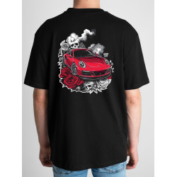 Black T-shirt with a unique "Red Roses Porsche Style" graphic from Wroom Shop