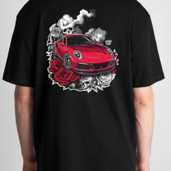 Black T-shirt with a unique "Red Roses Porsche Style" graphic from Wroom Shop