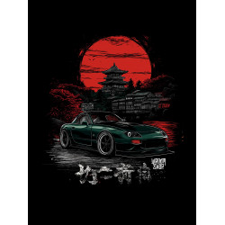 Black T-shirt with a unique "Red Sun Mazda Style" graphic from Wroom Shop