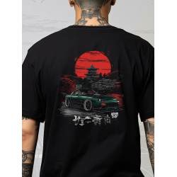 Black T-shirt with a unique "Red Sun Mazda Style" graphic from Wroom Shop