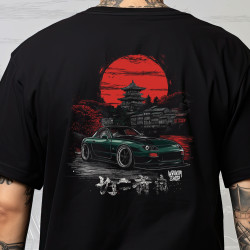 Black T-shirt with a unique "Red Sun Mazda Style" graphic from Wroom Shop