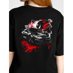 Black T-shirt with a unique "Red Venom BMW Style" graphic from Wroom Shop