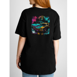 Black T-shirt with a unique "Retro Downtown" graphic from Wroom Shop